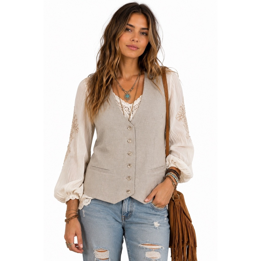 ASTR The Label Natural Linen Blend Tailored Button Front Vest Light Khaki L